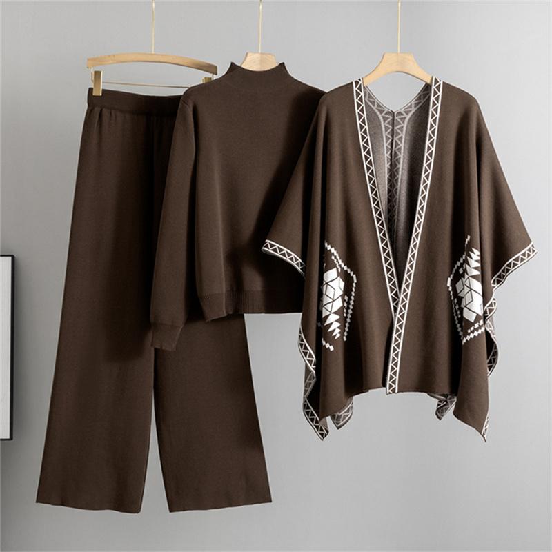 Maglione Lavorato a Maglia Ampio a Collo Alto Scialle Pantaloni a Gamba Larga Set Tre Pezzi Da Donna Autunno E Inverno