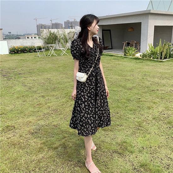 Summer Floral Temperament Skirt, Medium Length Short Sleeved French Fresh and Sweet Dress, Fairy Dress, Fashionable Women's Clothing