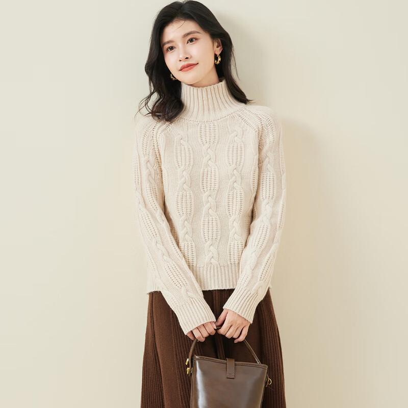 Women's 100% Merino Wool High-Neck Cable Knit Sweater