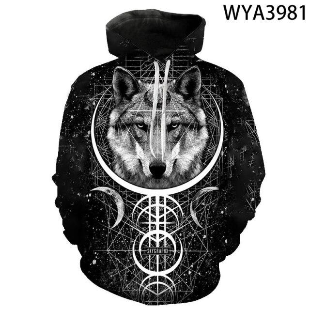 Fanient Hoodie van wol met 3D-print voor jongens en meisjes, capuchontrui voor jongens met kangoeroezakken, Wolf, Melkweg, 14-16 jaar