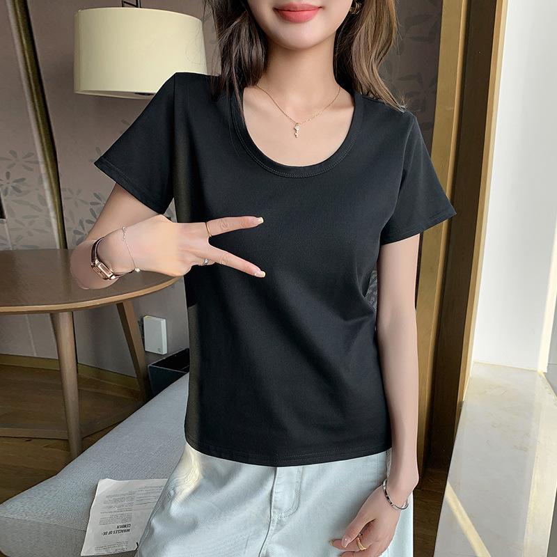 Damen U-Ausschnitt Baumwolle Kurzarm T-Shirt, Einfarbige, Lockere Passform, Schlankmachend, Koreanischer Stil, Frühjahrs-/Sommerkollektion (K3017)