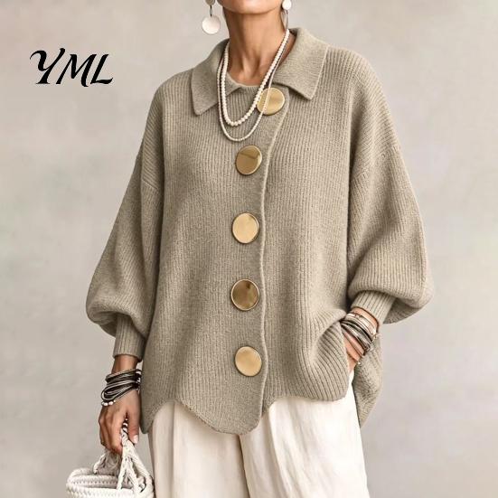 Women Knit Cardigan Oversized Sweater, Collared Top with Large Metal Relaxed Fit Buttons, Loose Lantern Sleeve Casual Sweater for Spring Autumn Button