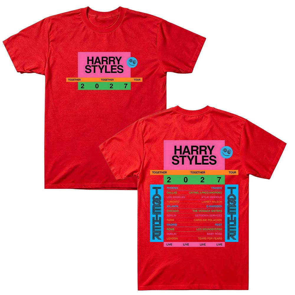 HarryStyles Zusammen Zusammen Tour 2027 Beidseitiger Druck T-Shirt Reine Baumwolle Herren Damen Locker T-Shirt Pop-Fan-Geschenk Streetwear Freizeit XS rot