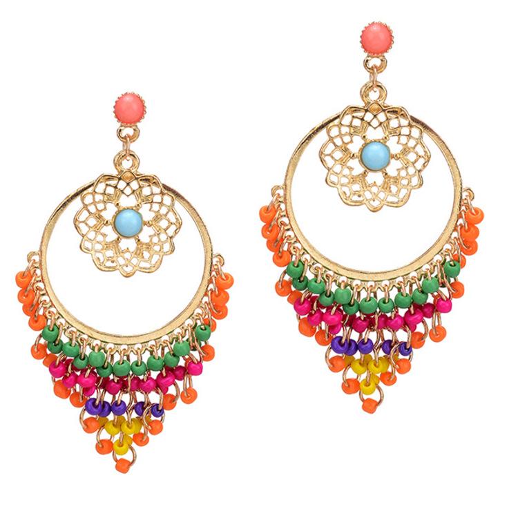 Elegant Temperament Long Tassel Earrings with Colorful Seed Bead and Hollow Carved Ear Studs