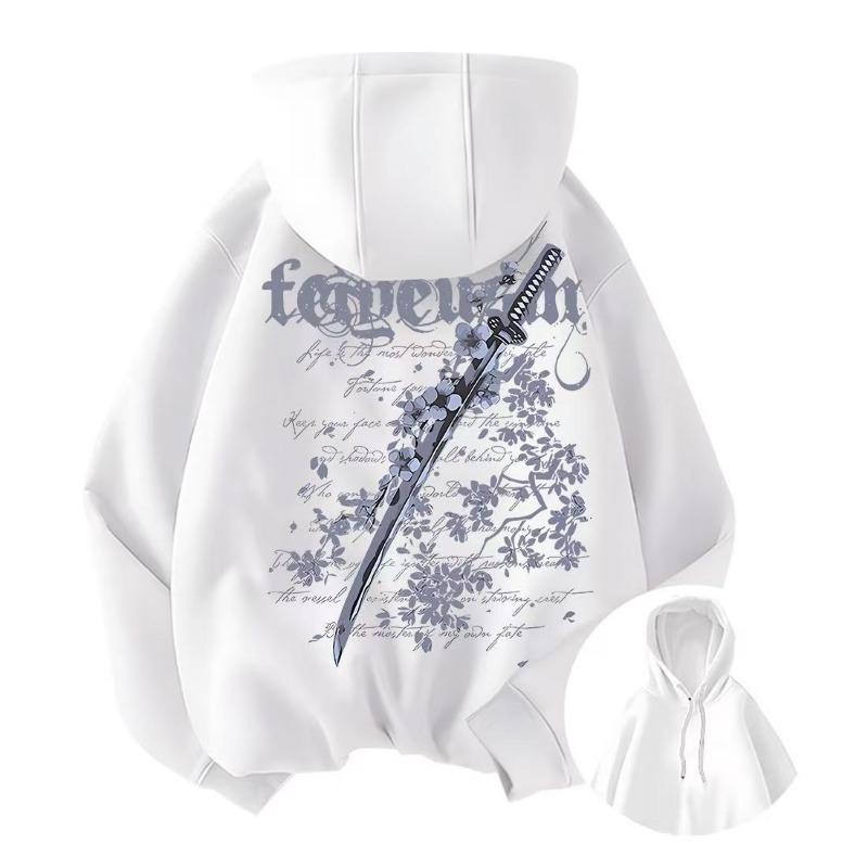 Cherry Blossom Sword Print Men's Hooded Top Autumn and Winter Velvet Thickened Loose Couple High Street Sweatshirt