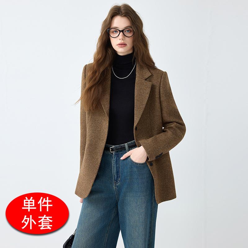 Women Brown Herringbone Tweed Blazer Notched Lapel Single‑Breasted Casual Loose Fall Winter Wool Blend Suit Jacket
