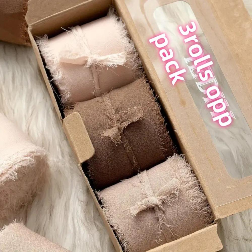 

3 Rolls DIY Craft Chiffon Ribbon Handmade Hairy Chiffon Ribbon Fringe Chiffon Silk Ribbon Wrapping Type2-Khaki Series1