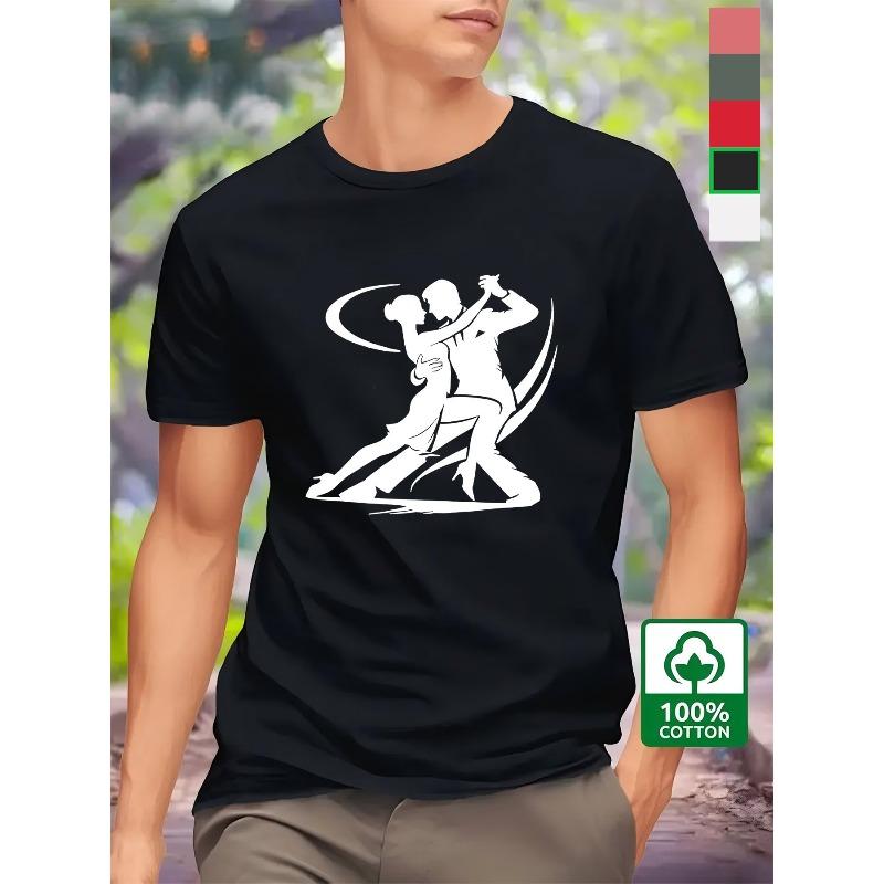 European Size Men's Heavyweight 100% Cotton T-Shirt with Ballroom Dancers Silhouette Print - Vibrant Pink & Black Graphic, Regular Fit Round Neck