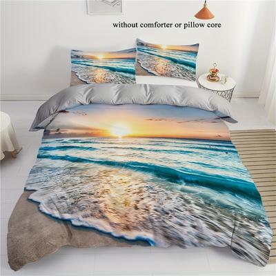 Summer Beach Sunset 3D Art Duvet Cover Set, Breathable Polyester, Zip Closure, Machine Washable - Perfect for All Seasons