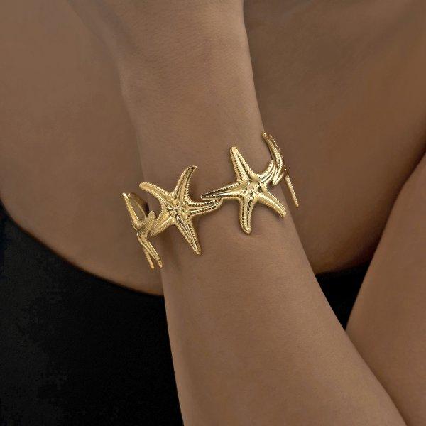 Hammered Stainless Steel Starfish Bangle For Women Marine Series Textured Metal Bracelet Non-Tarnish Jewelry