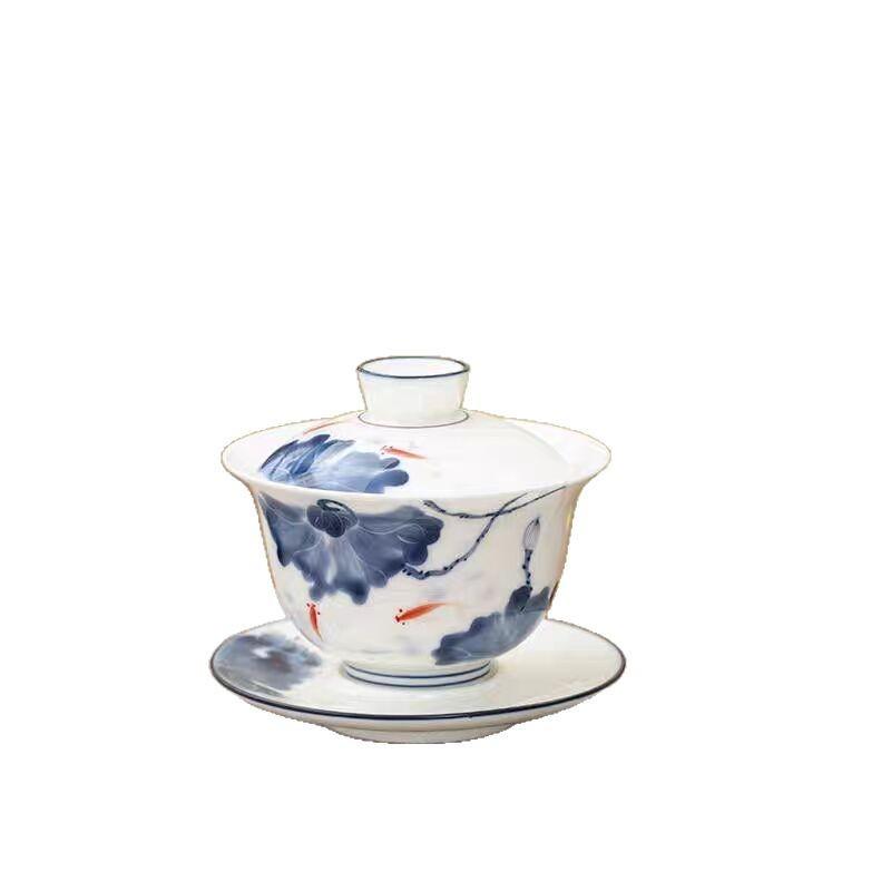 Hongyue Suet Jade Hand-Painted Hovering Rotating Sancai Cover Bowl Teacup Ceramic High-End Dehua White Porcelain High-End Tea Bowl
