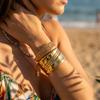 Minimalist High Polish Wide Striped Cuff Bangle for Women Gold Color Stainless Steel Waterproof Boss Lady Statement Bracelet