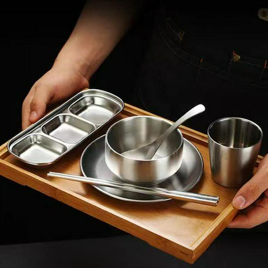 304 Stainless Steel Double-Layer Rice Bowl with Lid - Children's Anti-Scald Insulated Soup & Kimchi Dish, Korean Tableware.