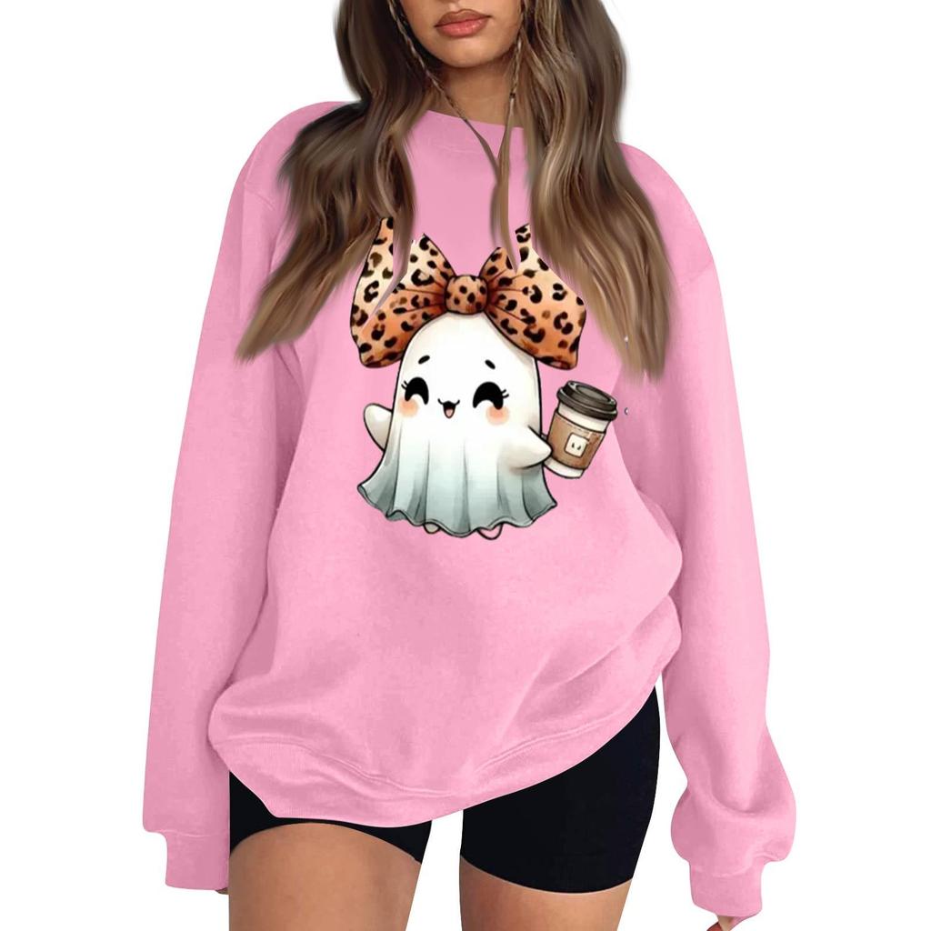 Women's Neck Long Sleeve Sweatshirt Casual Loose Fit Color Pullover with Halloween Print
