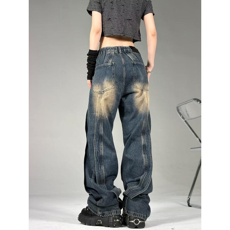 American Retro Style Women's Wide-Leg Deconstructed Jeans, Mud Yellow Distressed, High Street Fashion