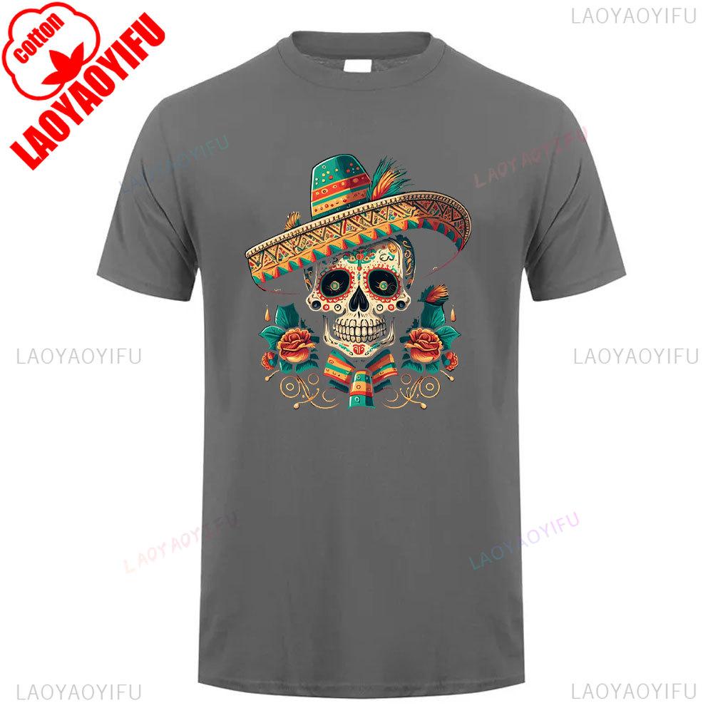 Cotton Summer Short Sleeve Mexican Skull Unisex Tee Round Neck Breathable Vintage Pattern Graphic Shortsleeved Launched Top