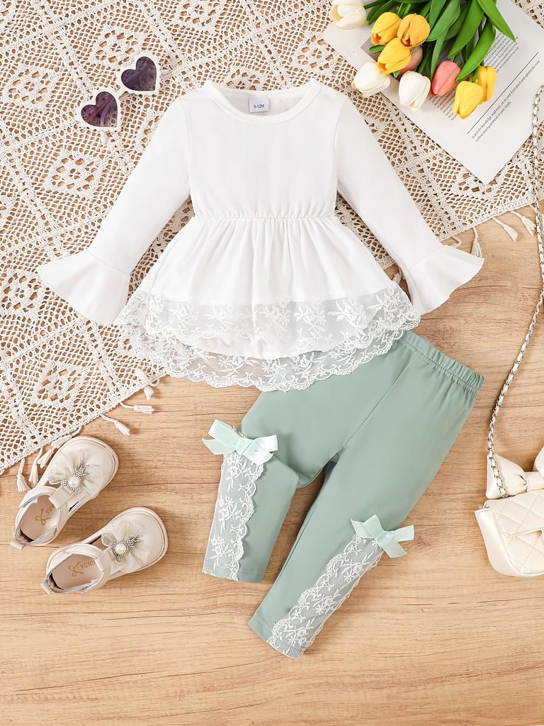 Süßes Kleinkind Mädchen Set Rüschenärmel Oberteil 0-2 Jahre Schleifen Hose 2-teiliges Outfit Neugeborenes Baby Mädchen Kleidung Prinzessin Stil Sommer Frühling