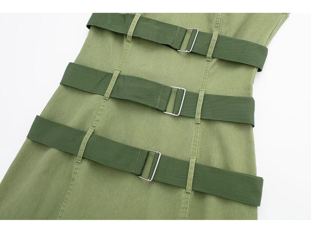 Spring European & American Style Mini Vest Dress with Waist Belt Details