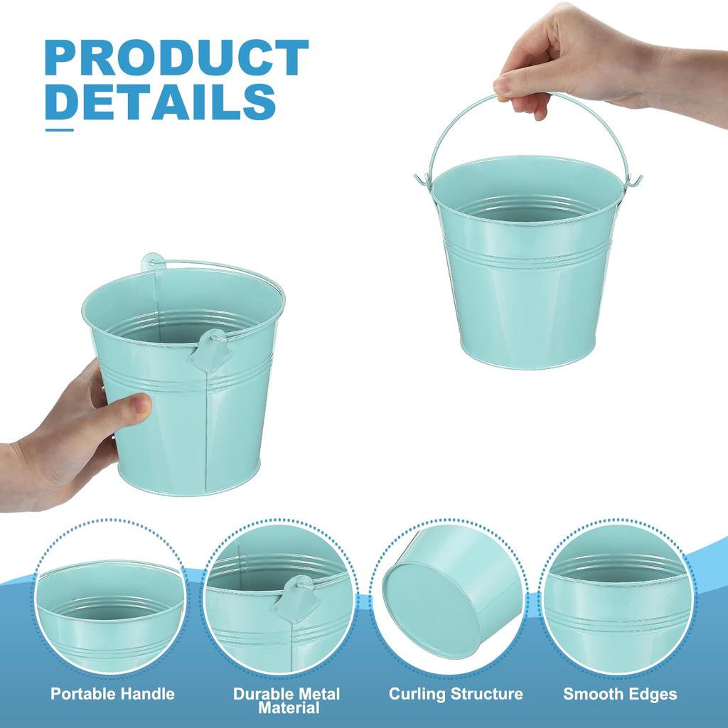PATIKIL X Small Metal Buckets with Pack of 12 Mini Galvanized Buckets for Party Light Blue 5.1" 4.7" Handles, Crafts, Favors, Decorations,