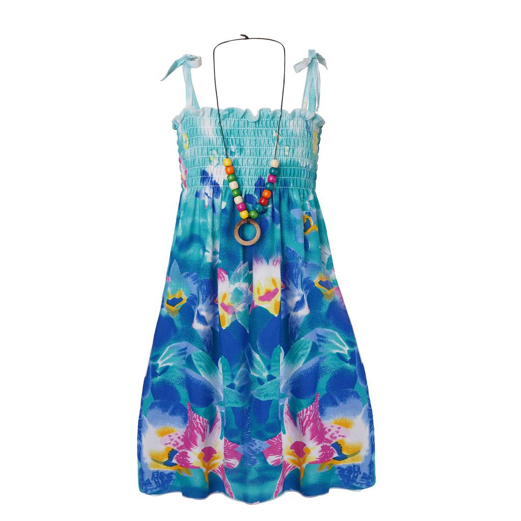 Girls Bohemian Beach Dress Off Shoulder Floral Sleeveless Rainbow Straps Suspender Dress with Necklace Summer Outfit