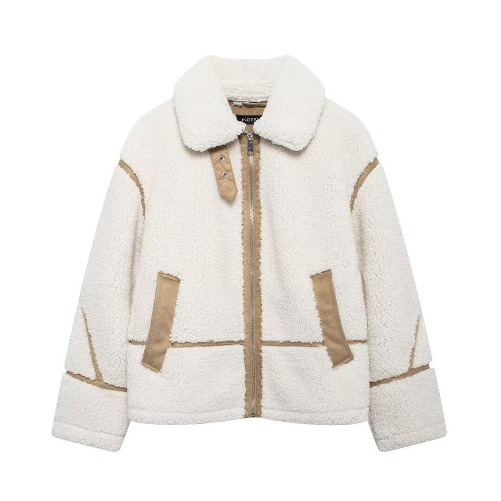 Women's Wear Casual Fur One Piece Lamb Wool Contrast Color Plush Warm Jacket