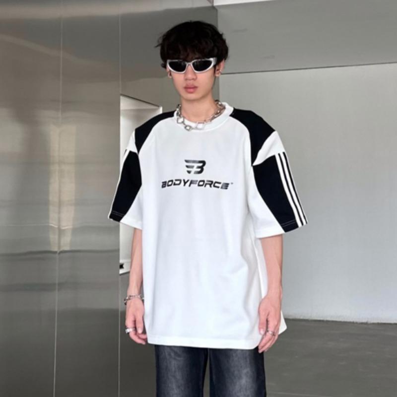 Spring and Summer New Men's Color Block Printing Shoulder Pad Loose Casual Short Sleeve T-shirt