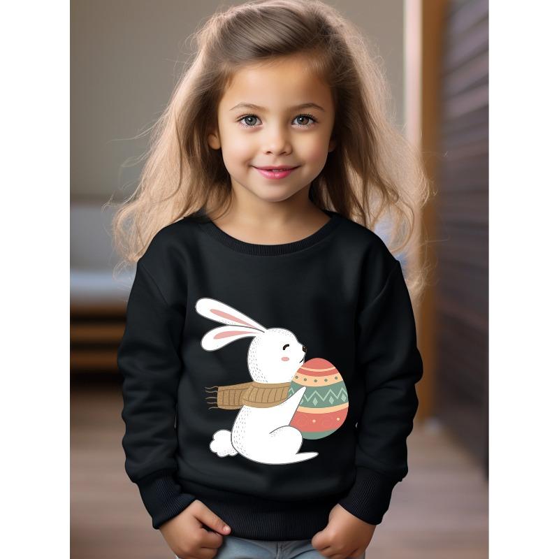 European sizes Cute Easter Bunny Wearing Scarf Print, Kid's Casual Comfy Round Neck Long Sleeve Sweatshirt For Daily And Outdoor Wear