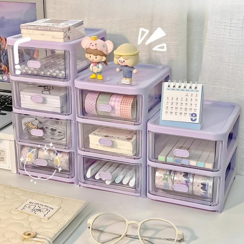 Purple Desktop Storage Box Organizer with Drawers Clear Plastic Office School Stationery Makeup Cosmetic Jewelry Storage Boxes