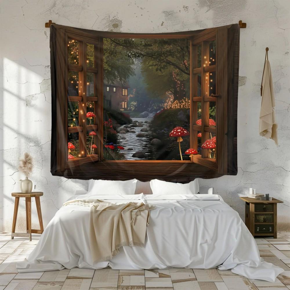 Fenster-Magie-Wald-Wandteppich Traumhafter Pilzbach Wohnzimmer-Atmosphäre Hintergrundtuch Raumdekoration