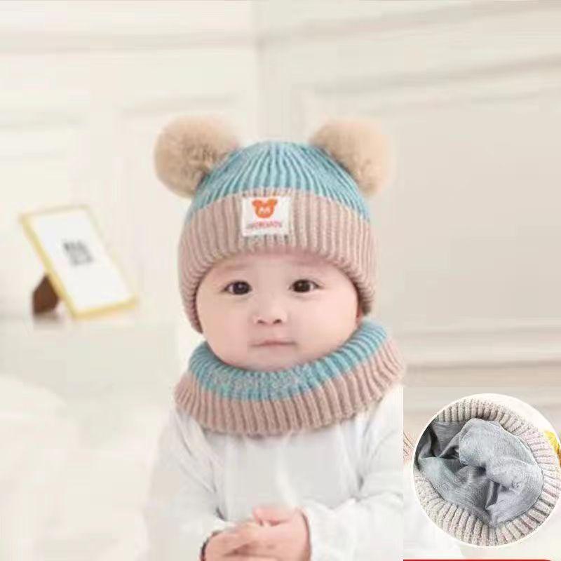 Baby Boy and Girl Baby Hat Autumn and Winter Cute Ball Velvet Thickened Windproof Ear Protection Children's Hat Scarf Knitted Hat