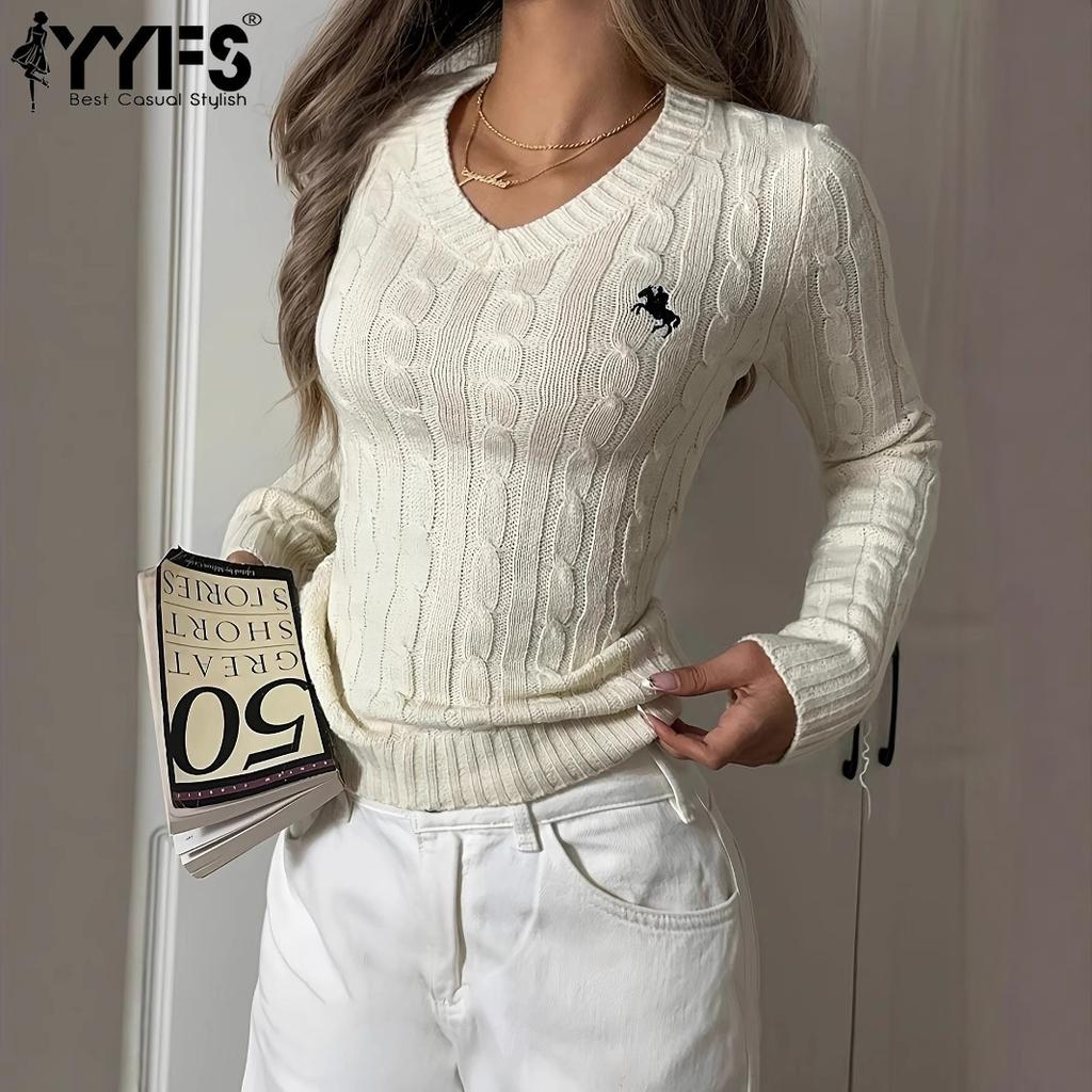 YYFS Women's Fashion Casual Fall Winter Solid Color Print Long Sleeve V-Neck Sweaters