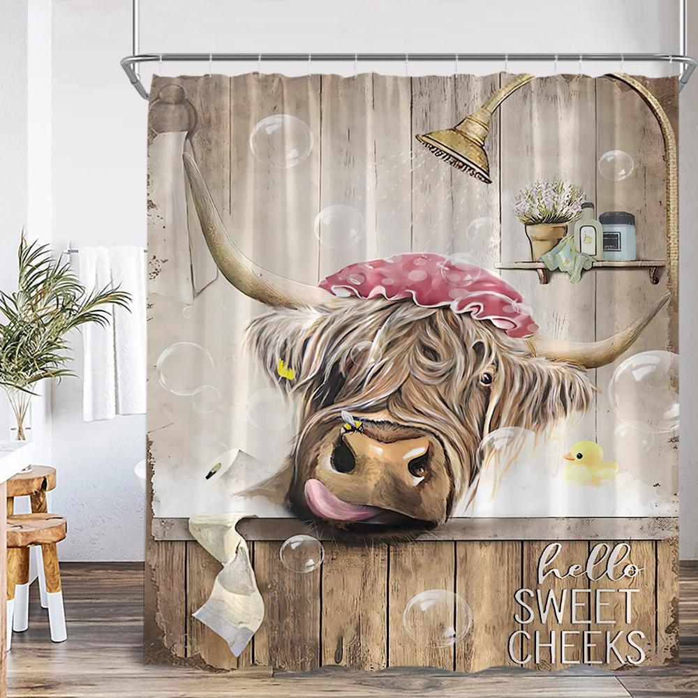Farm Animal Print Shower Curtainh Funny Highland Cow Donkey Pig Horse Floral Vintage Wooden Plank Fence Retro Bathroom Curtain