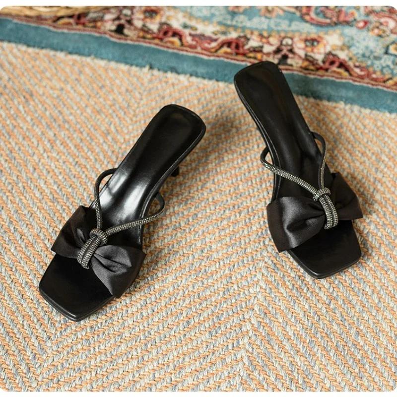 Women's High Heel Slippers Bow Tie Rhinestones Satin Material Shoes Women Sexy Dress Summer Models Sandalias De Mujer