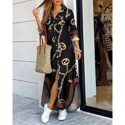 Nouveau Style d'Été pour Femmes Chemise Décontractée à Manches Longues Jupe Longue Imprimée Fendue Col V Grande Taille Robe Ample