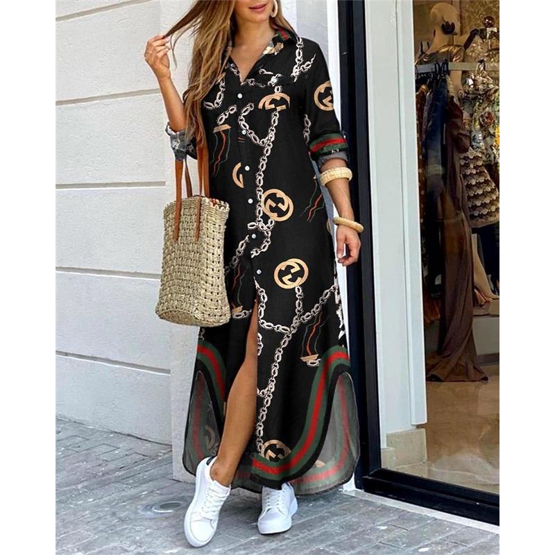 Women's Summer New Style Long-sleeved Casual Shirt Skirt Long Printed Split V-neck Large Size Loose Dress