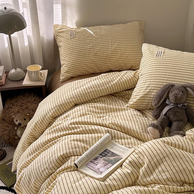 Blogger Style Cotton Striped Bedding Set - 4-Piece Duvet & Sheet Set, Home & Student Use