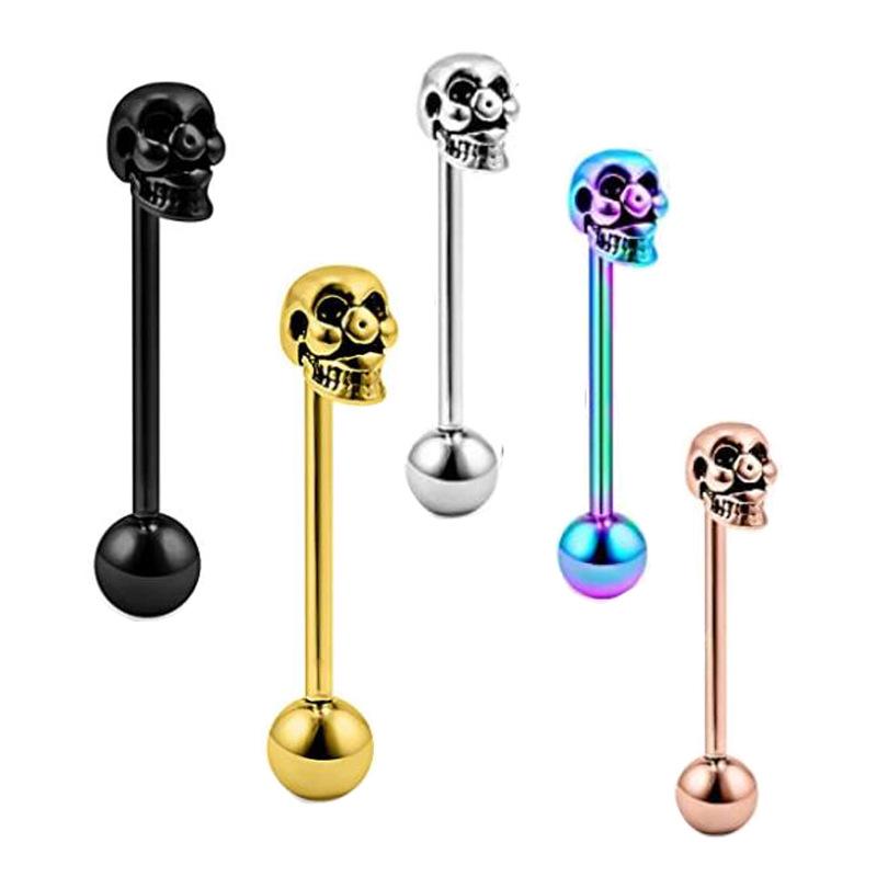 3D Ghost Head Tongue Ring, Stainless Steel, External Thread Barbell, 14g Piercing Jewelry, Available in 5 Colors.