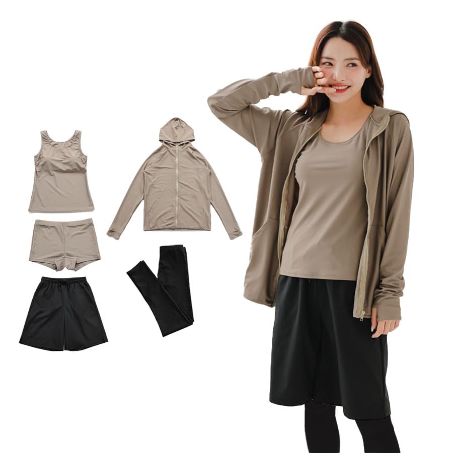 

KOUKOUCOCO Купальник на молнии, из ткани и топ танкини и топ и отдельные длинные, подходящие для УФ-защиты, набор из 5 предметов: рашгард, леггинсы,