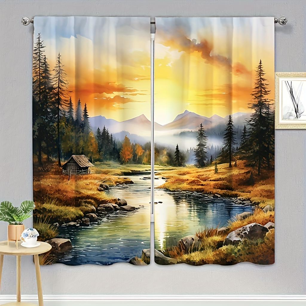 Country Sunset Pattern Curtains Polyester Fabric Suitable Bedroom Living Room Decoration Made Of Machine Washable Decor