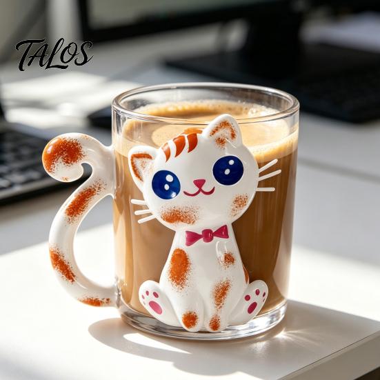 Cartoon-Katze Trinkglasbecher, Isolierter Glas-Kaffeebecher, mit Katzen-Schwanz-Griff-Design, Transparenter Becher für Heiße Kalte Getränke