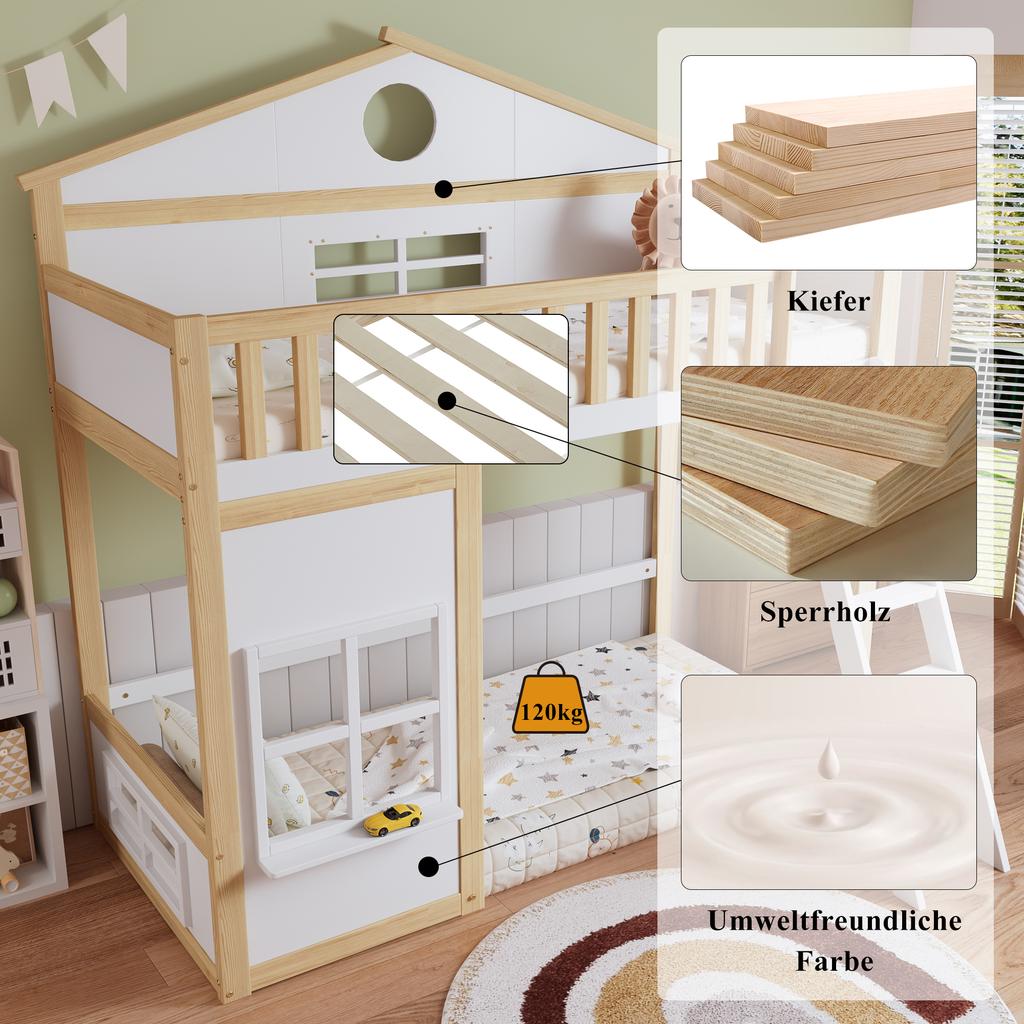 [N622D161516W] Etagenbett, mit Treppe, mit Absturzsicherung und Rausfallschutz, Kinderbett mit Dach und Fenster, Kiefer+MDF, Weiß+Natur, 90x200cm