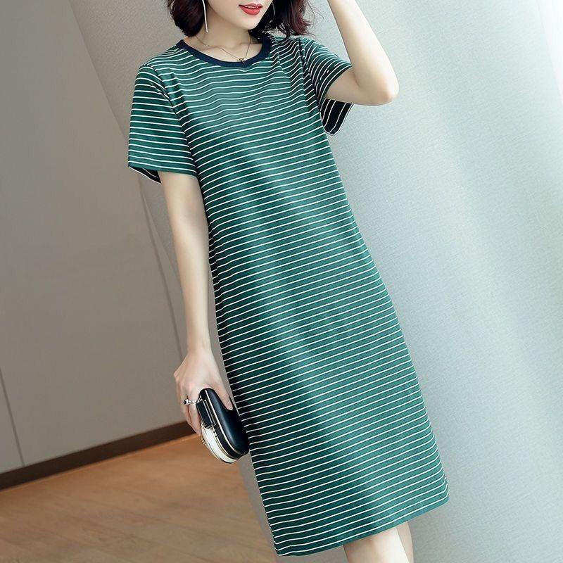 Women's Round Neck Short Sleeve Striped Midi T Shirt Dress Loose Casual Plus Size Summer Straight Tank Dress Soft Milk Silk Daily Basic Dress