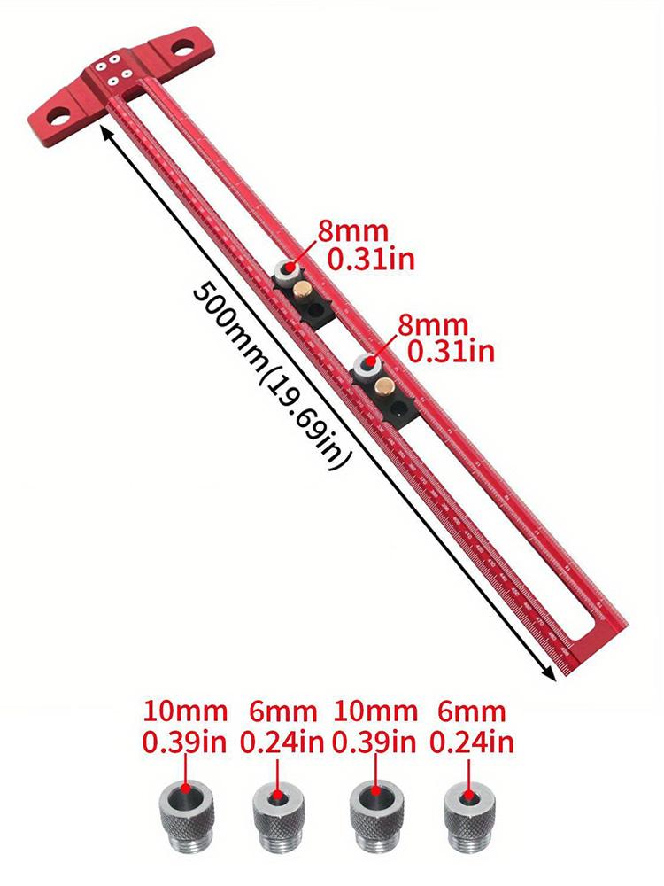 2 In1 Drilling Positioning Scoring Ruler Woodworking Aluminum Scriber Marking T Square Dowelling Jig with 6/10mm Drill Sleeve