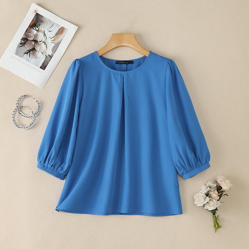 ZANZEA Blusa casual da donna a maniche 3/4 a tinta unita con scollo rotondo