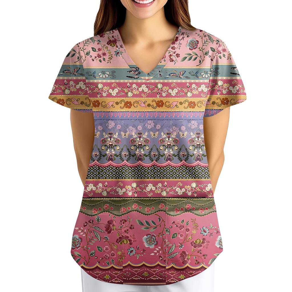 Nadměrná velikost Potištěný pracovní oděv Halenky pro dámský překřížený výstřih do V Potisk Krátký rukáv Zábavná trička Pracovní oděv Tričko s kapsami