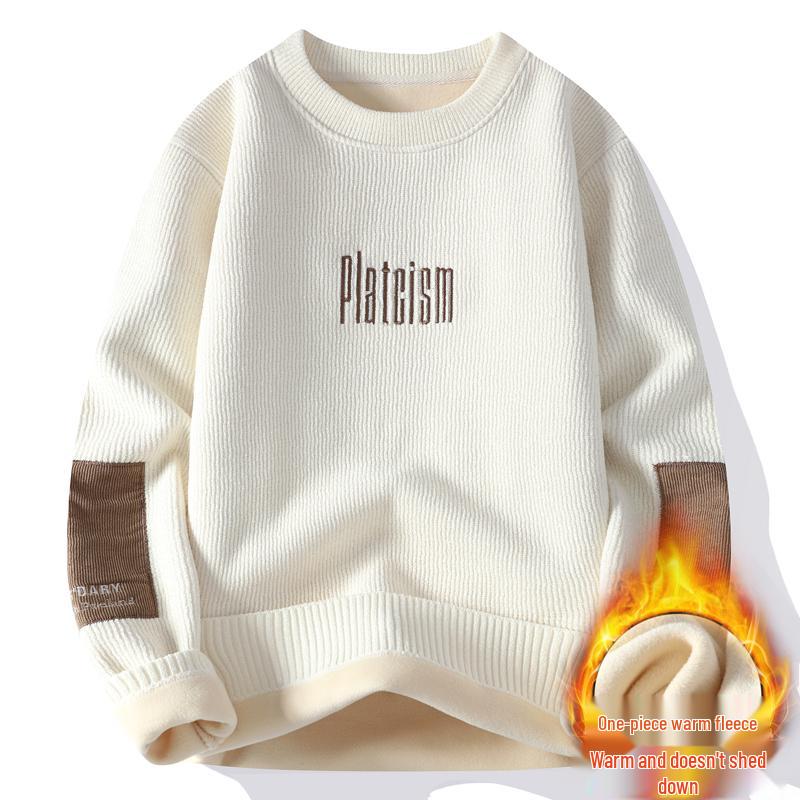 Men's Autumn-Winter Velvet Sweater: Thick Knit Base Layer for Teens