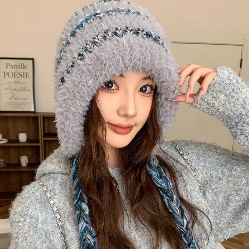Color Striped Hat Women's Autumn and Winter Advanced Sense Windproof and Cold-proof Knitted Hat Big Head Circumference Piled Thickened Headgear