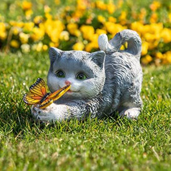 Solar Garden Cute Cat Statue with LED Butterfly Light Outdoor Waterproof Resin Sculpture for Porch Patio Balcony Lawn Yard Decor