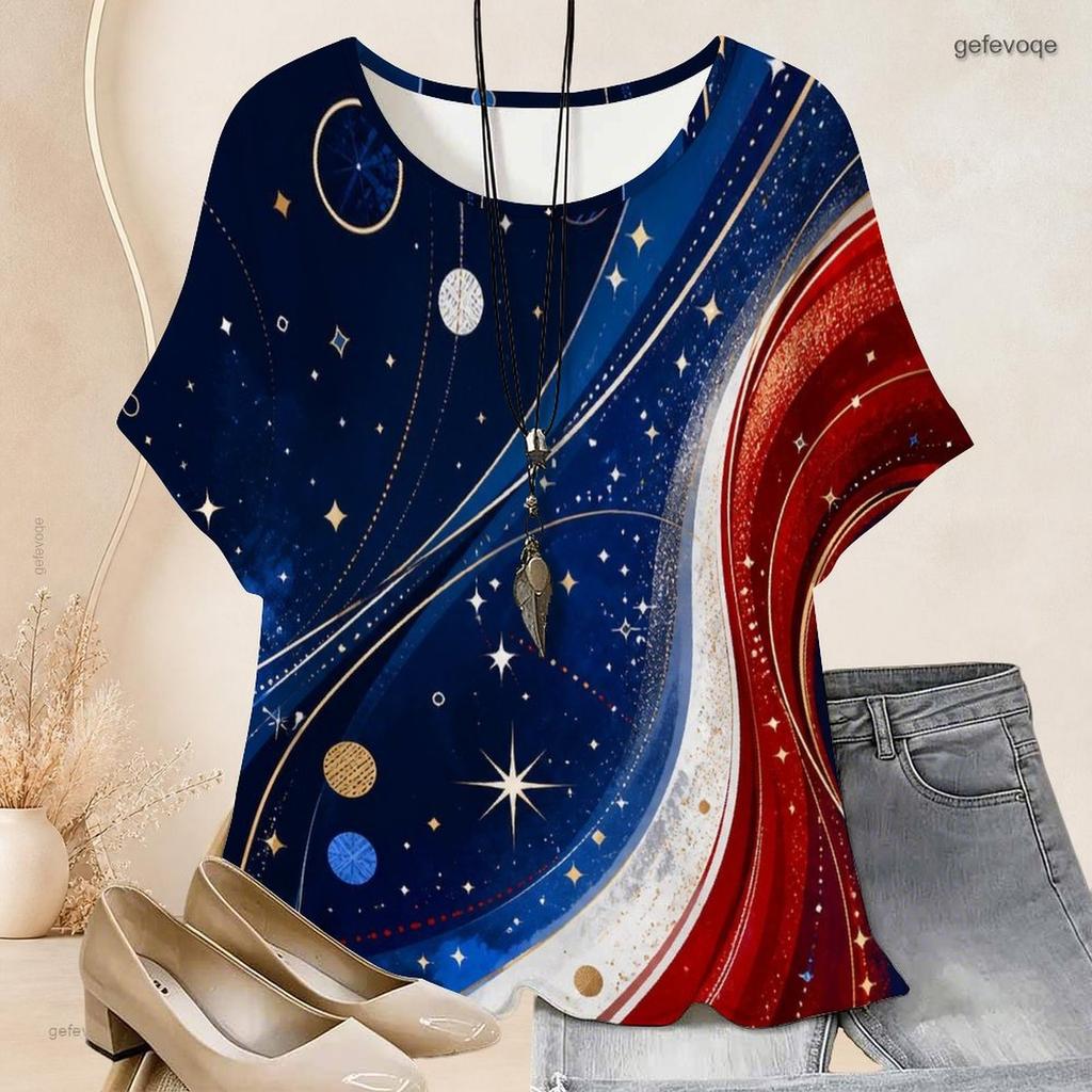 Women Plus Size Round Neck Batwing Short Sleeve Top Star Planet Cosmic Wave Print Loose Casual Tunic Blouse