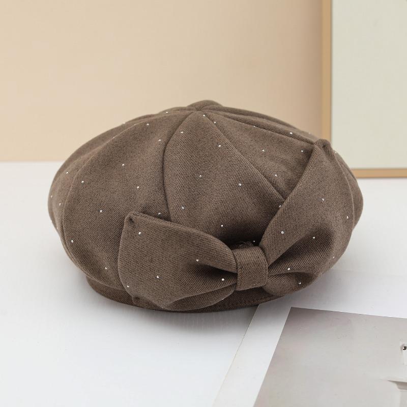 Women S Autumn Winter Rhinestone Beret Newsboy Hat Face Slimming Vintage Literary Cap